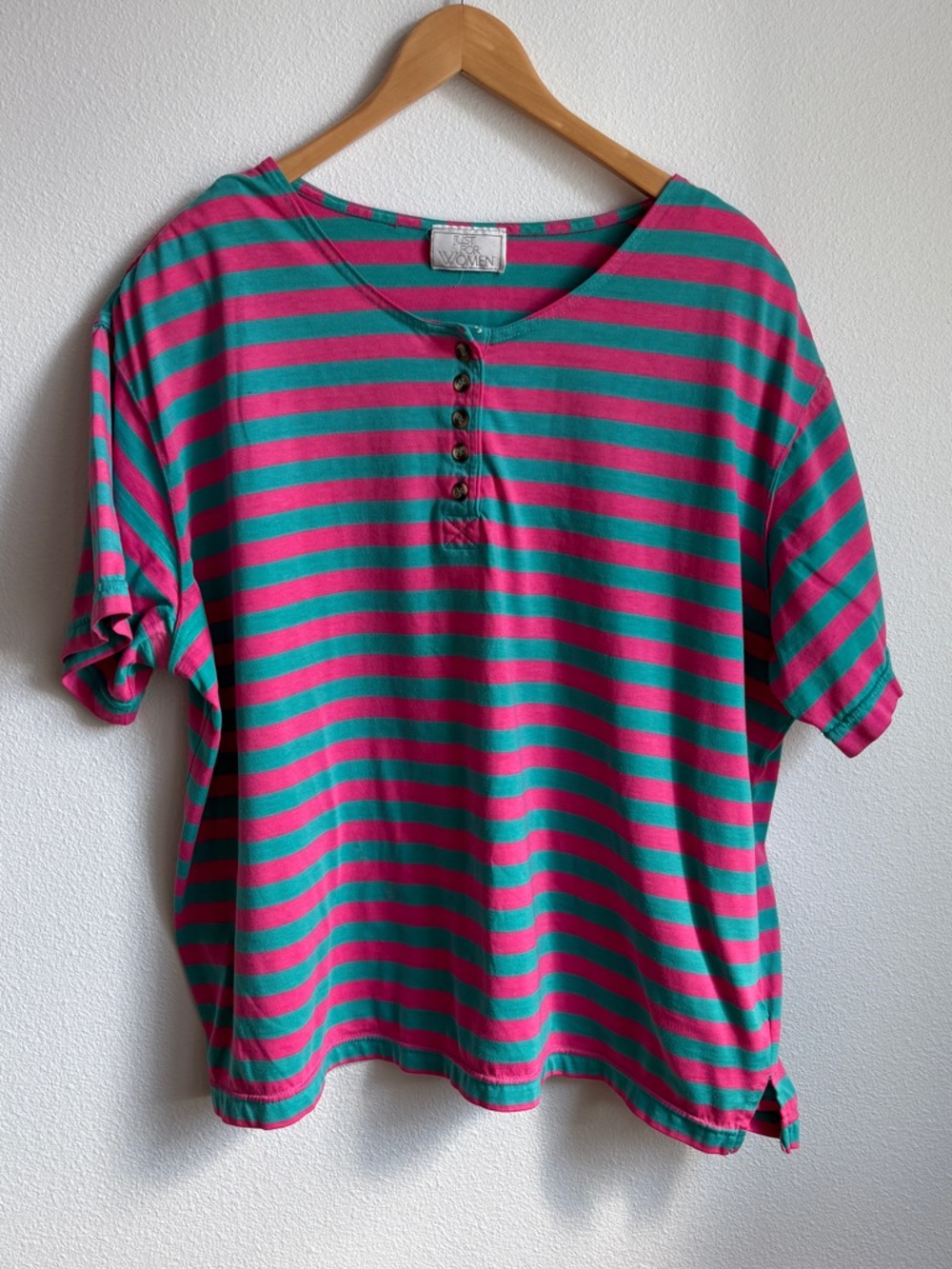 Vintage 90s Striped Oversized Short Sleeve Henley Tee in Teal & Pink